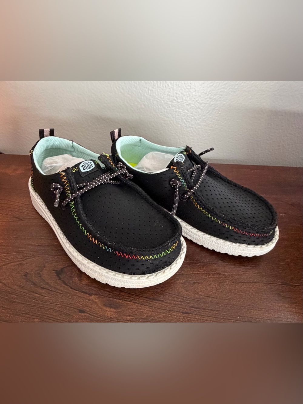 Hey Dude Kids Black Slip-On Sneakers with Rainbow Stitching
